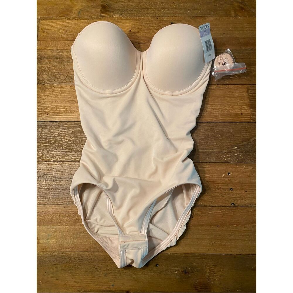Flexees by Maidenform 34D NWT nude bodysuit bra shapewear 3956 strapless